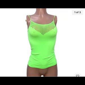 Stretchy Lime Neon Green Seamless Fitted Yoga  Cleavage Net Top O/S New 80s Rave